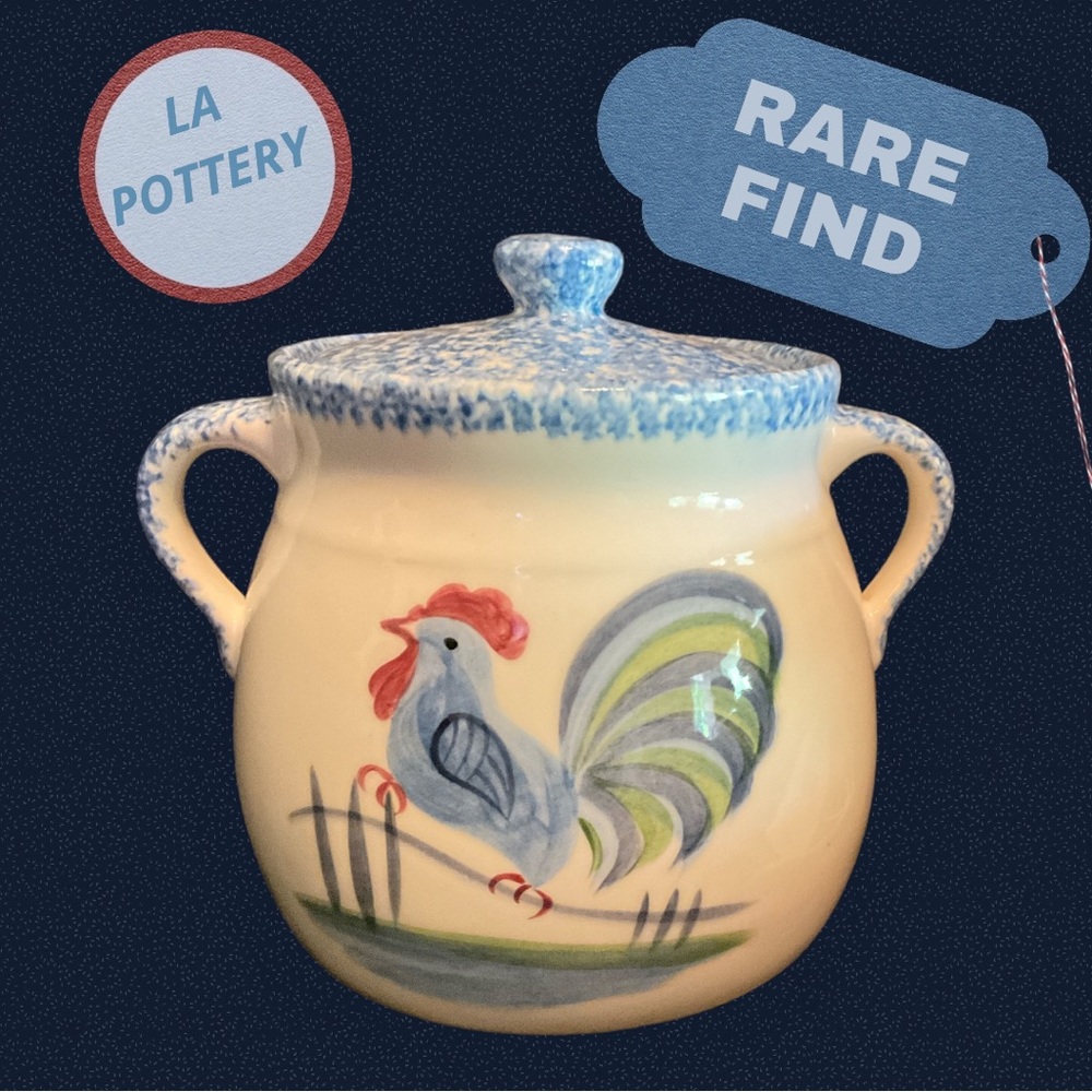 Rare 1970s Los Angeles Pottery Hand Painted Rooster Soup/Bean Pot w/Solid Lid